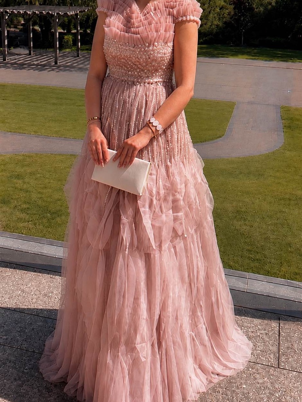 Blush Pink Pearl-Embellished Tulle Wedding Dress